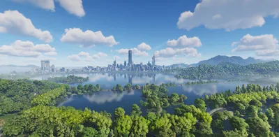 Official ANANTA artwork of a city skyline seen across a large lake with green forested hills