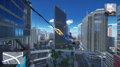 ANANTA character mid-swing on a line between two downtown skyscrapers