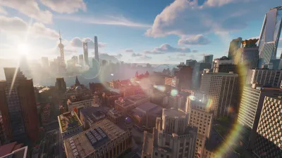 Sunlit skyline of the ANANTA city at dawn, seen from above the downtown towers
