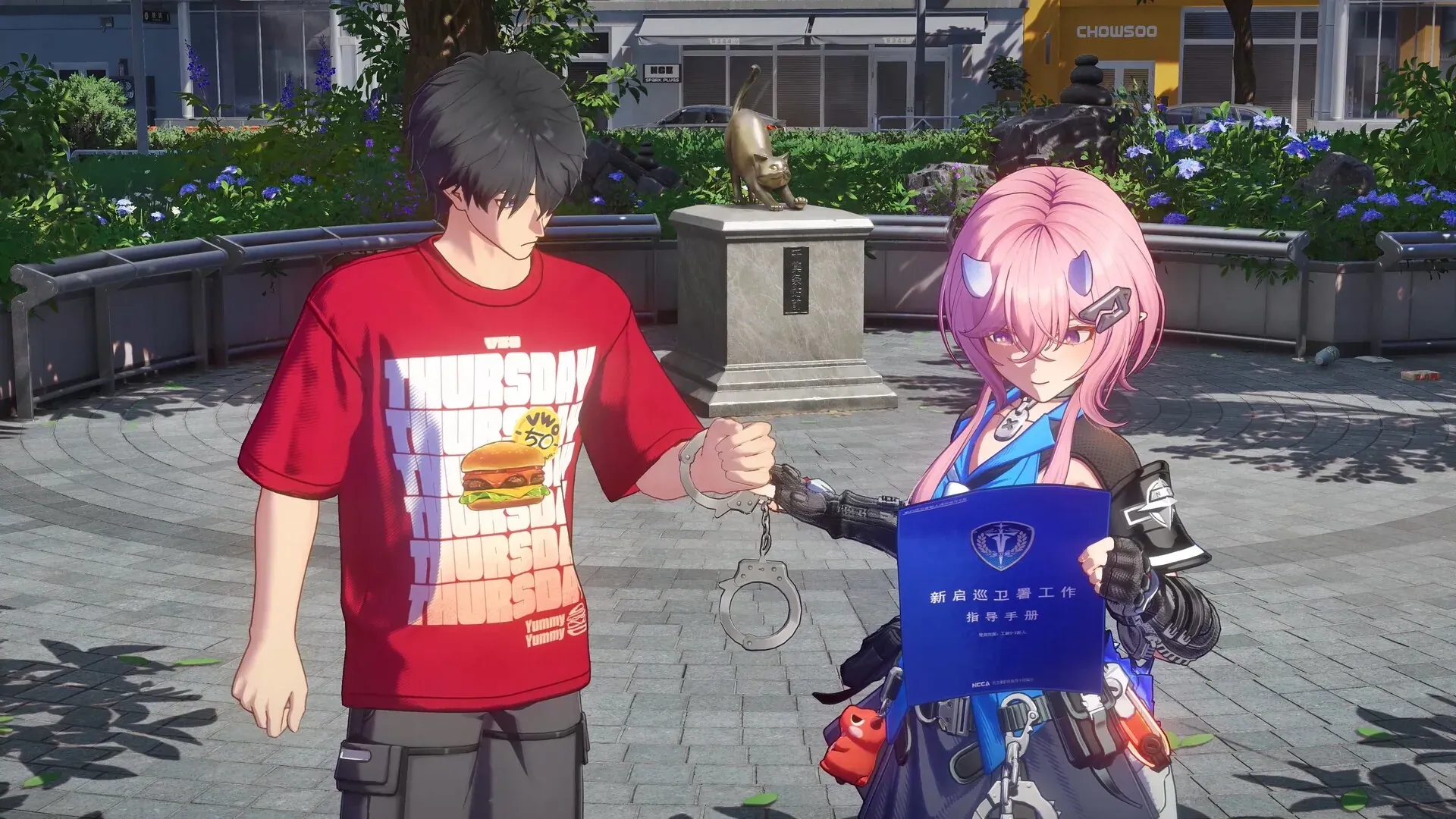 Two ANANTA characters on a plaza, one handing a blue pass over to the other