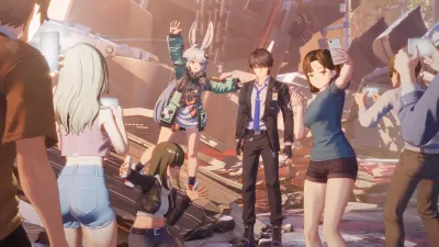 Group of playable ANANTA characters posing together in the street in their everyday outfits